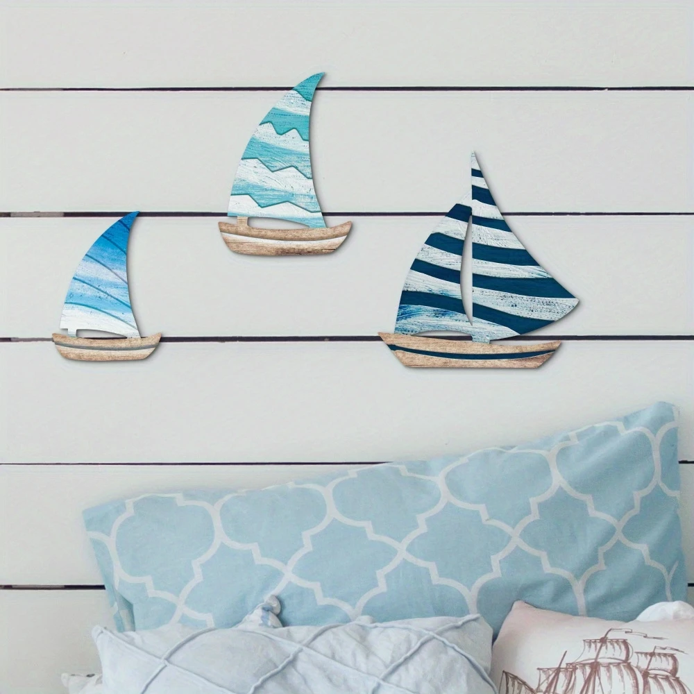 3pcs Blue Wooden Marine-themed Sailboat Wall Ornament Family Farmhouse Cafe Wall Decoration Colorful Printing Decoration Gifts