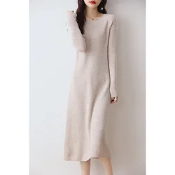 Autumn Winter New Women High Elasticity Slim Dress 100% Merino Wool Warm Sweater Dress Basic Knit Pullover Female Casual Dresses