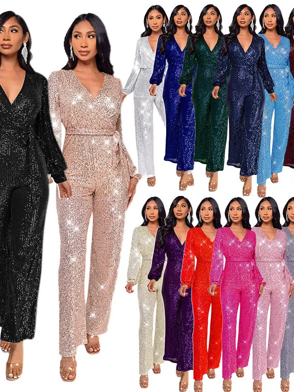 Injet Macacão de lantejoulas longo Sve feminino Sle Faionable com cinto terno de uma peça perna reta tecido de poliéster fino primavera S...