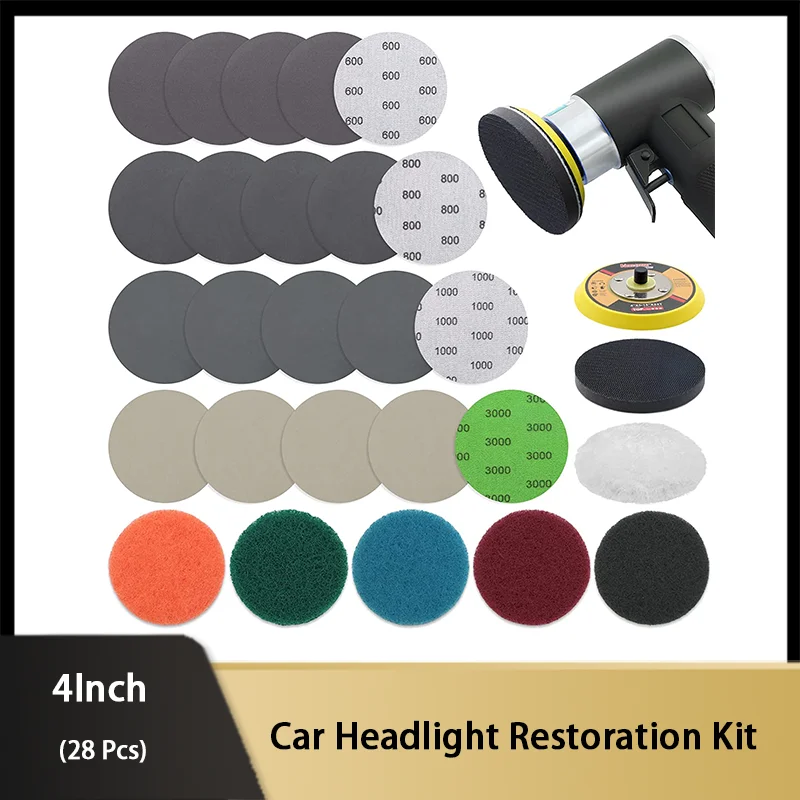 

28 Pcs 4 Inch Car Polishing Sanding Discs Car Headlight Restoration Kit with Backing Pad, Scouring Pads, Soft Interface Pad.