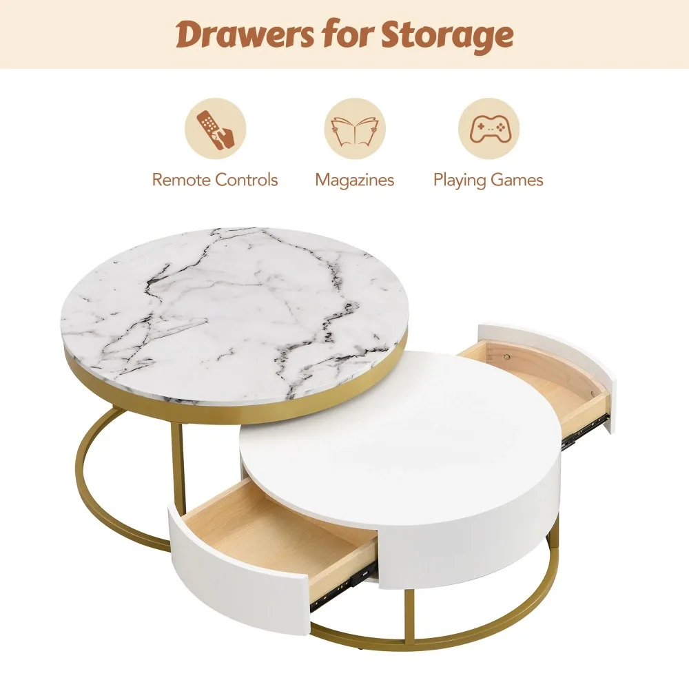 Set of 2 Round Gold Nesting Coffee Tables with Storage Drawers image 5