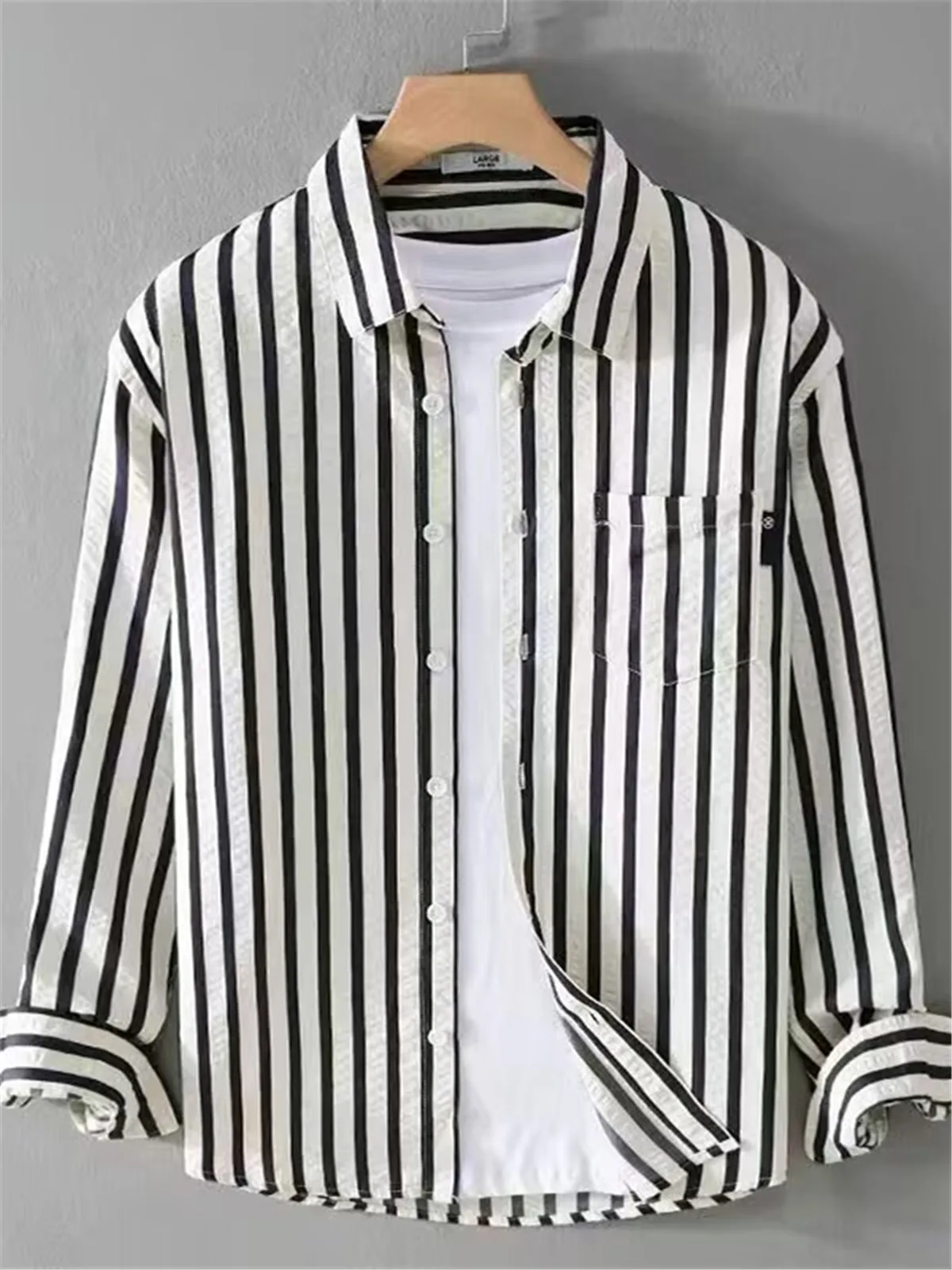 

Мужская длинная рубашка в полоску, повседневная, в корейском стиле, модная, простая, универсальная, на все сезоны, весна-осень, удобная, дышащая