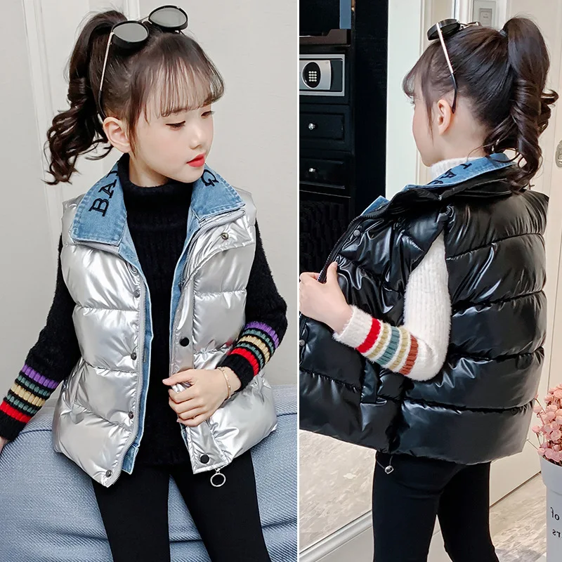 

Girls' Vest 2022 Winter Thicken Warm Bright Color Kids Patchwork Denim Cotton-Padded Jacket For Teenager 4-14 Years Waistcoat