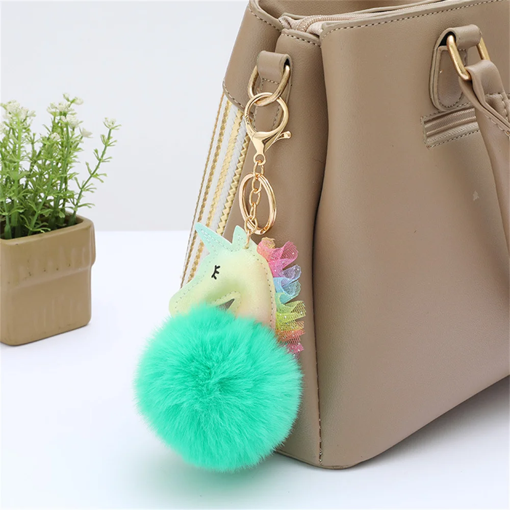 Fantasy Unicorn Fur Ball Keychain Cute Colorful Car Keyring PU Leather Plush Bag Pendant Decoration Charm Gift for Women Men