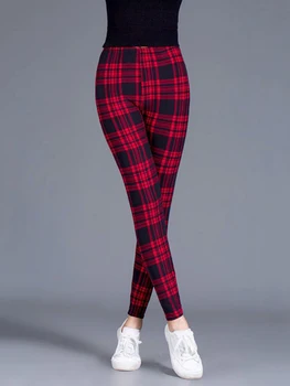 CUHAKCI Weibliche Fitness Leggings Frauen Drucken Plaid Leggings Dame Sexy Dünne Bleistift Hosen Push-Up Elastische Taille Hose