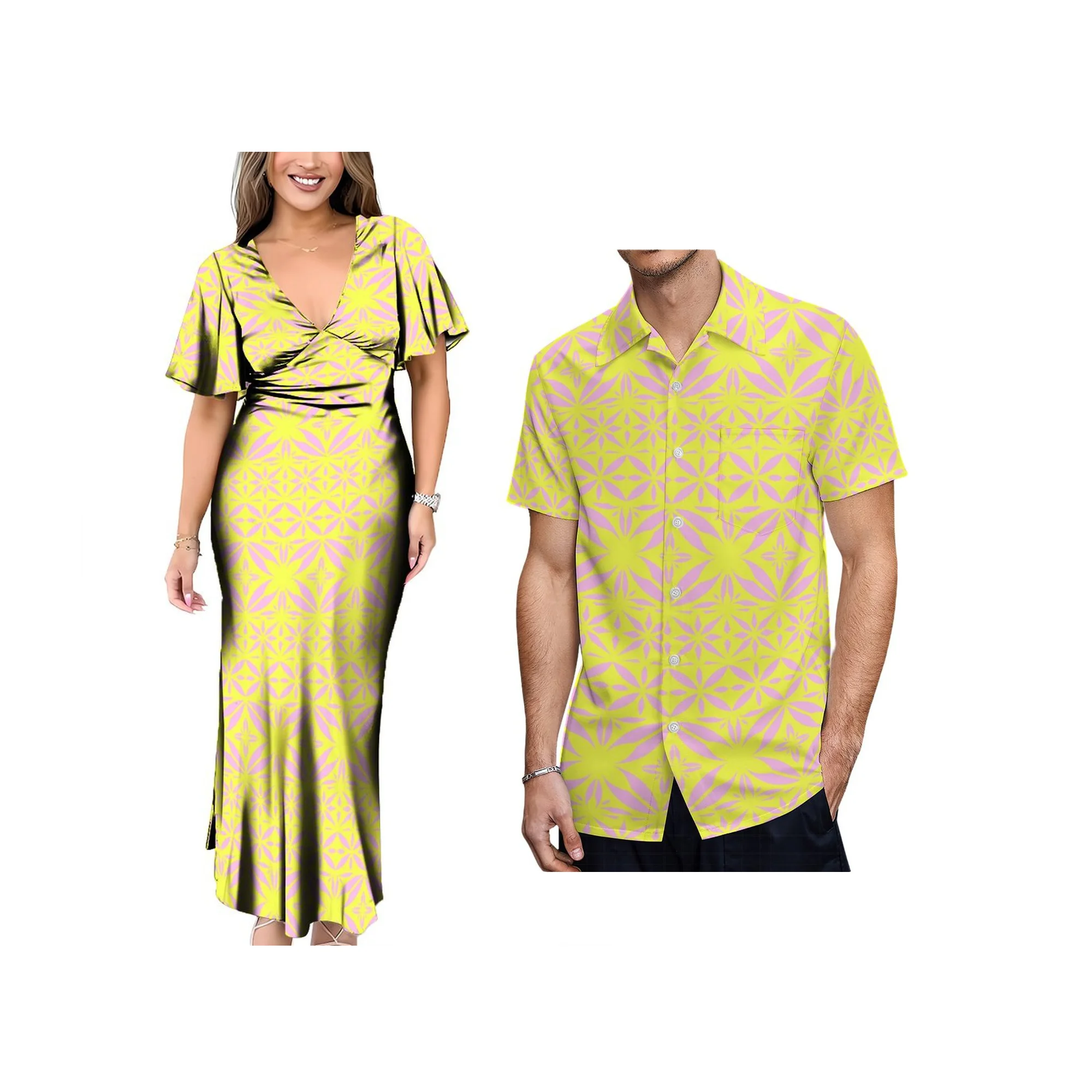 

No Minimum Hawaii Tribal Design Island Dress Polyensian Island Elegant V-Neck Dress With Back Neck Tie