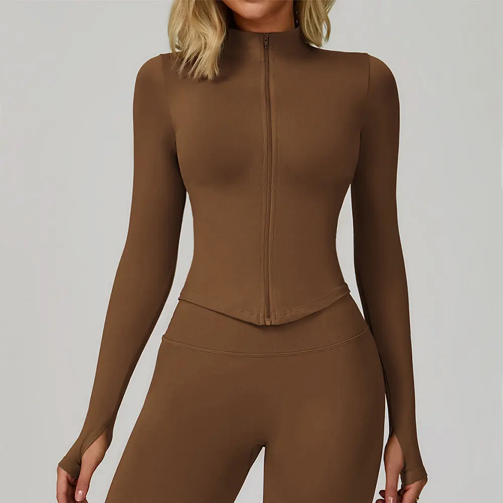 Ribbed Yoga Tops Women's Yoga Long Sleeved Standing Collar Sports Jacket Running Training Fitness Top Gym Workout Running Shirt
