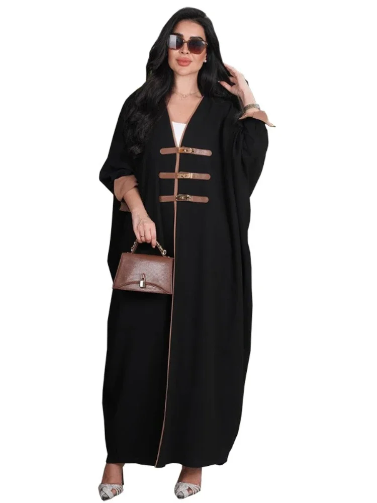 Eid Muslim for Abayas Women Leather Button Abaya Cardigan Jalabiya Party Arabic Dresses Split Sleeve Kaftan Vestidos Long Robe