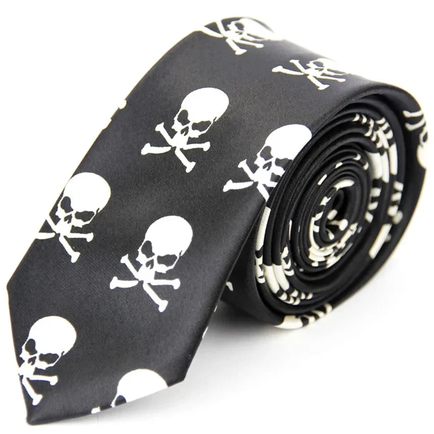 

Narrow Tie for Men Women 5cm (2") Gothic Punk Style Skinny Black White Skull Print Pattern Slim Necktie