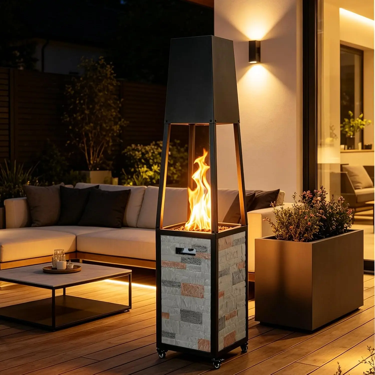 Outdoor Propane Patio Heater with Lockable Wheels, 40000 BTU Portable Pyramid Outdoor Heater with Weather Resistant Cover, Ideal