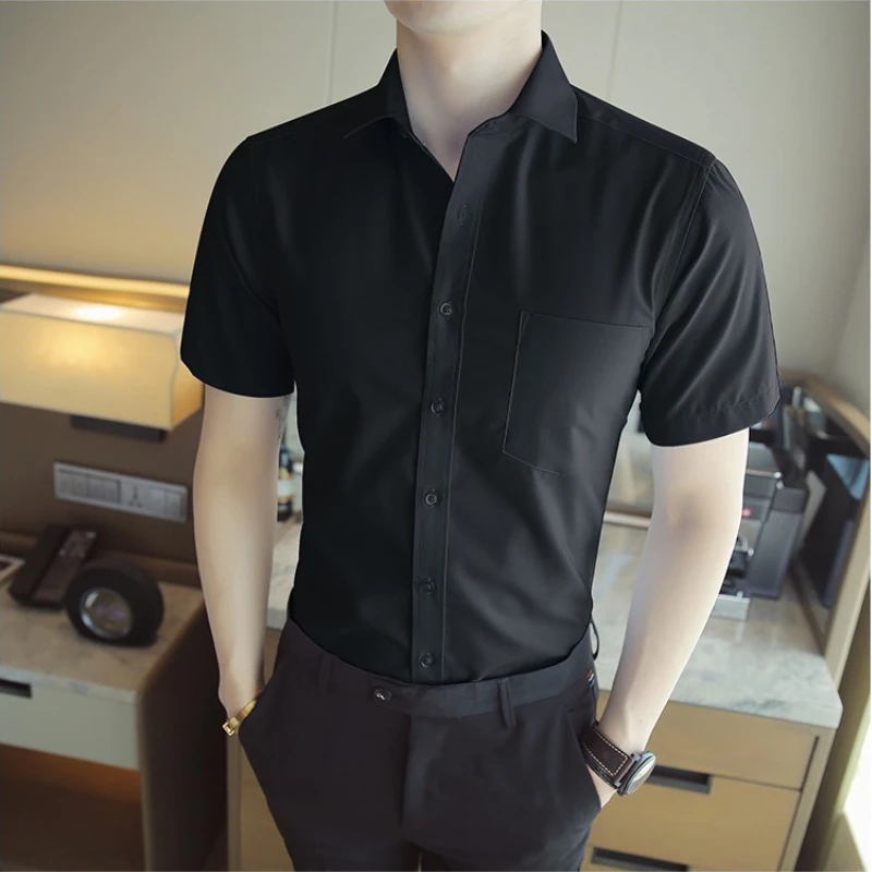 Men\'s Classic Short Sleeved Standard-fit Slim Dress Shirts Formal Business Social Simple Basic White Work Office Casual Shirt