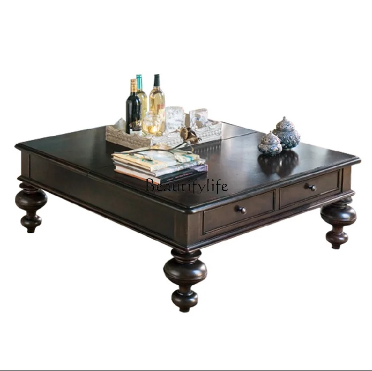 

American retro solid wood old black coffee table, simple and modern