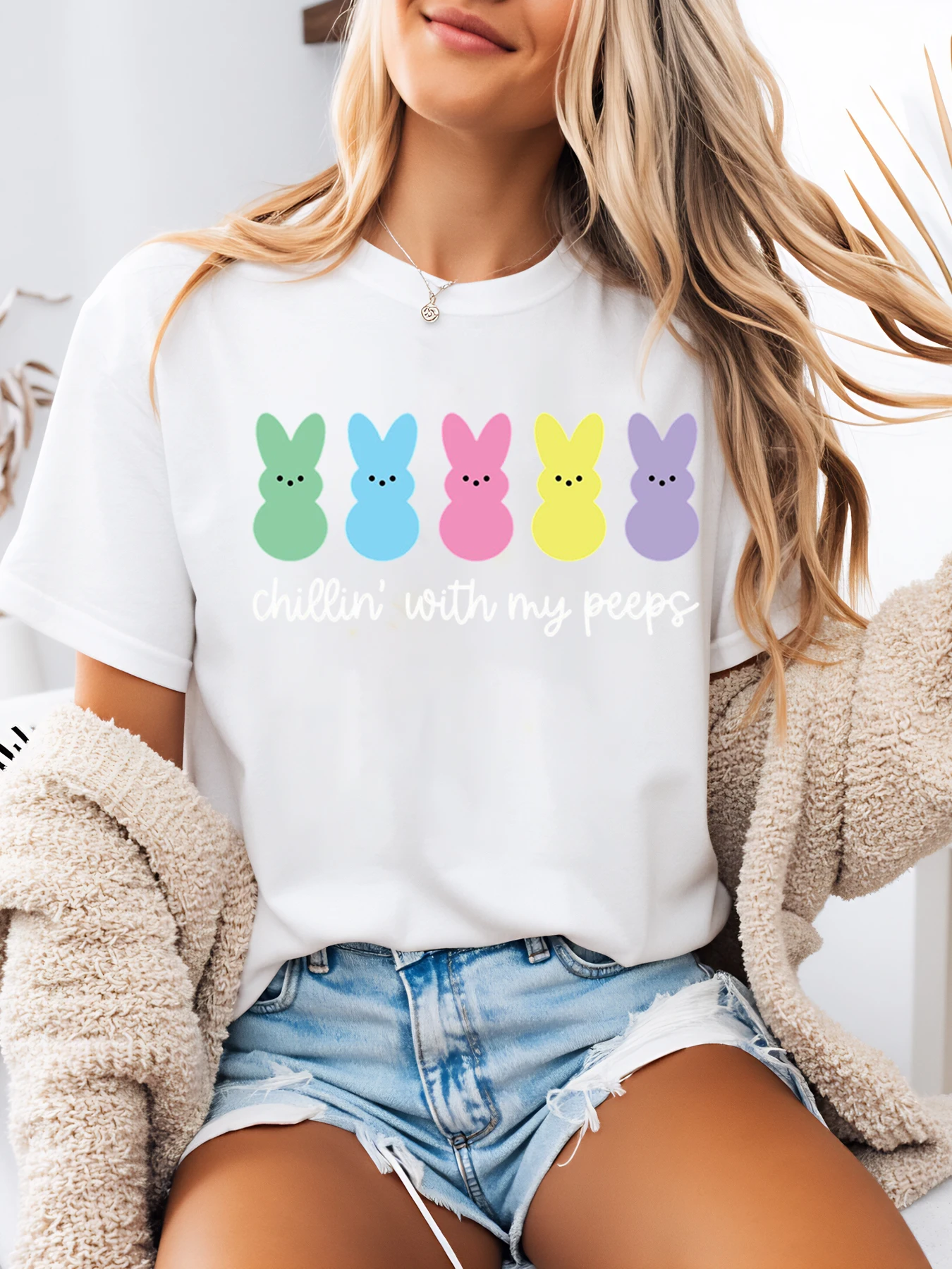 Peeps Bunny Print Chillin' with My Peeps Easter T-Shirt Women Casual Spring Outfit White Plus-Size