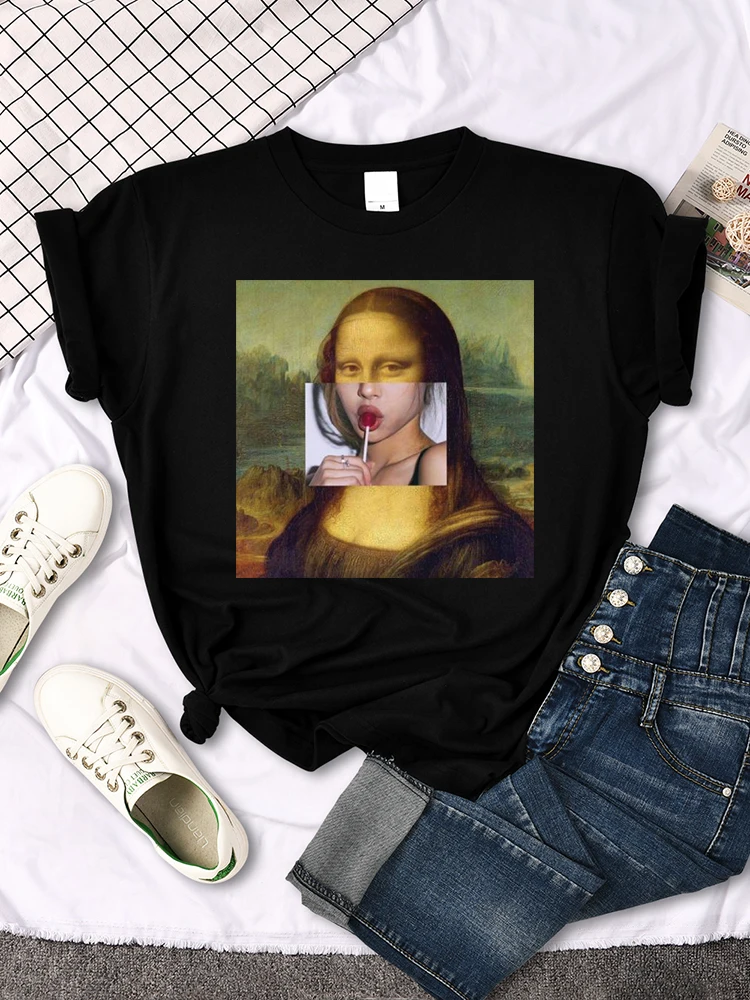 Womens T Shirt Mona Lisa Eating Candy After Changing Her Face Funny Print Tees Women oversize Loose Tops Harajukua Female Tshirt