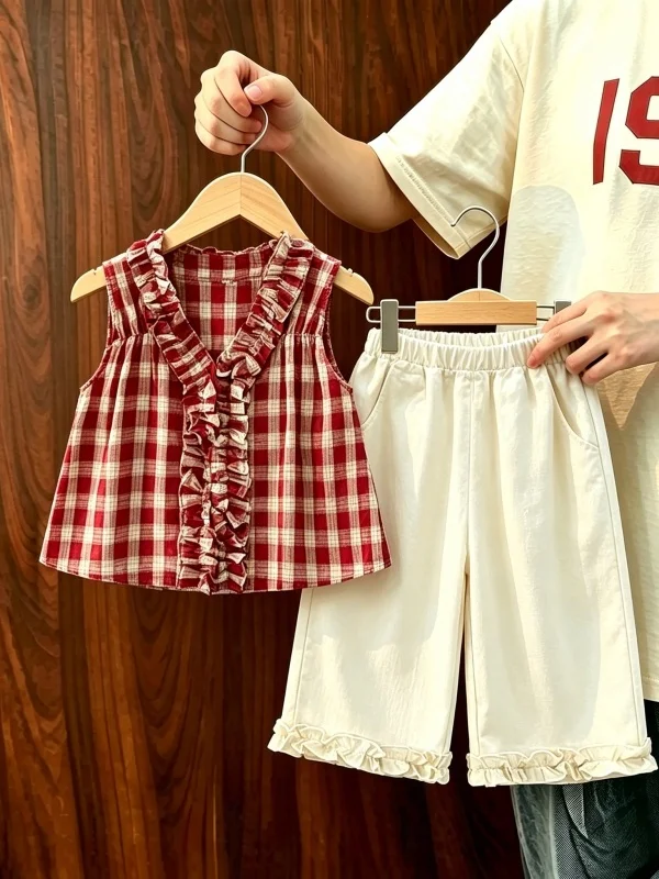 

Stylish Summer Outfit for Girls Plaid Sleeveless Two-Piece Set with Lace Pants Trendy Korean Version Children's Clothing