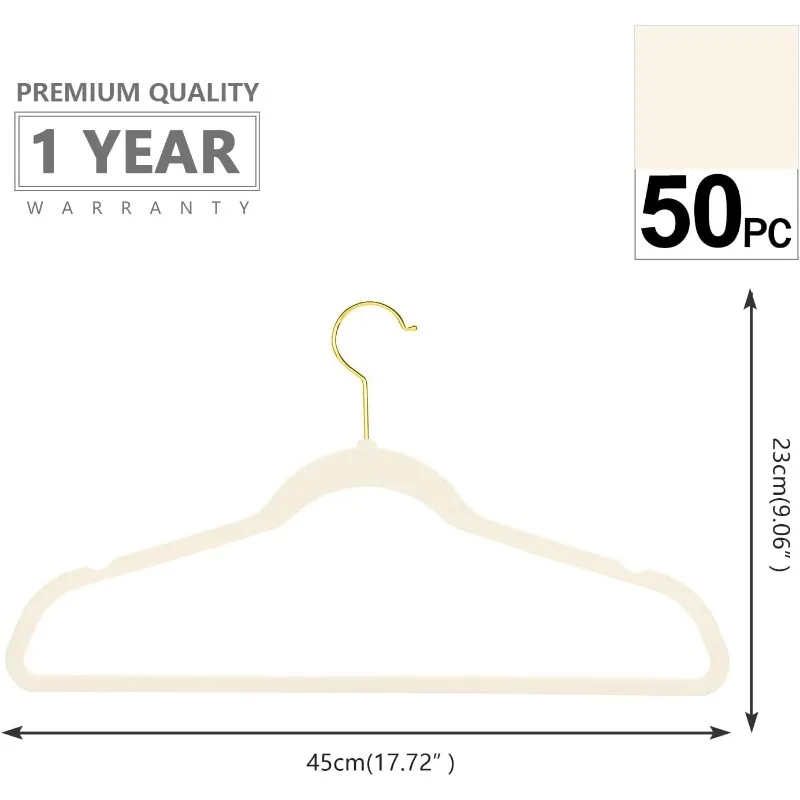 Premium Velvet Hangers Pack 50 Pcs Heavyduty - Non Slip Slimline - Velvet Suit Hangers Ivory - Gold Hooks,