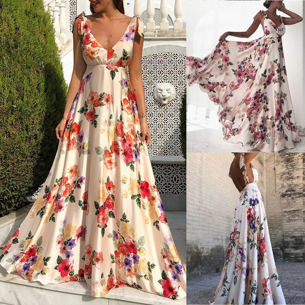 

New Summer Sexy Backless Floral Print A-line Sleeveless Halter Long Dress High Waist Maxi Dresses for Women 2XL Woman Clothing