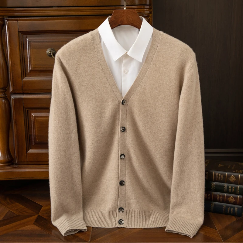 Spring and Autumn New Knitted Sweater Wool Camel Cardigan Men's Solid Color Sweater New Chinese Loose Leisure Sweater