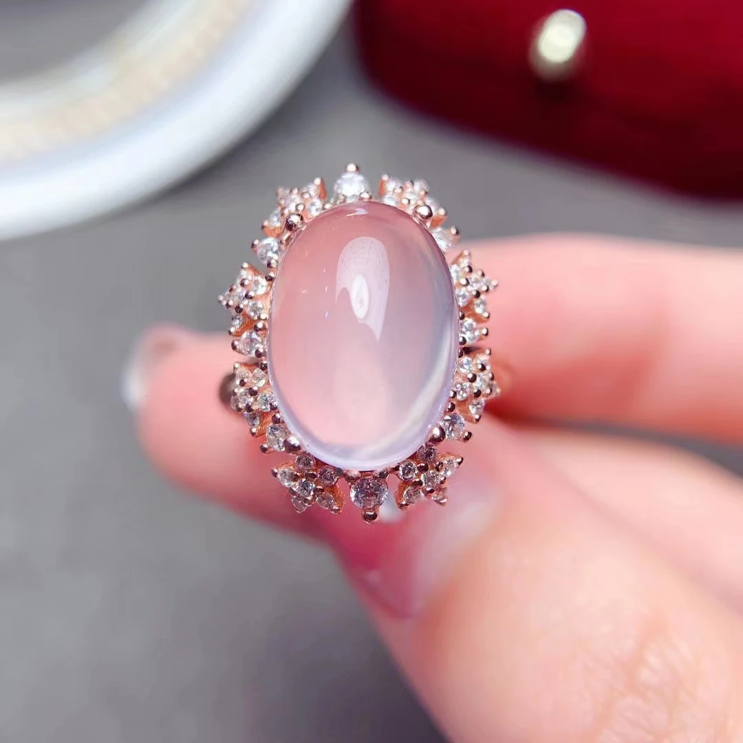 Fashion Big Gemstone Ring for Party 8ct 10mm*14mm 100% Natural Rose Quartz Silver Ring Solid 925 Silver Quartz Ring