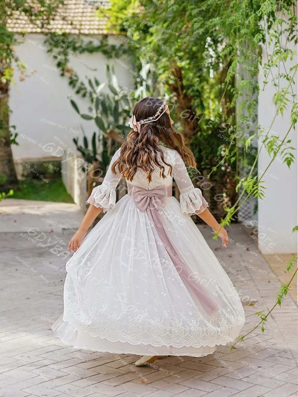 Gaun gadis bunga putri renda sabuk pita bunga pesta pernikahan gaun pengiring pengantin Mini dibuat sesuai pesanan gaun wanita