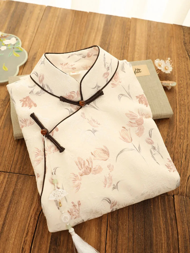 

2023 Summer Beige Women Vintage Cheongsam Dress Girl Chinese Style Traditional Long Sleeve Dress Floral Slim Qipao S To XXL