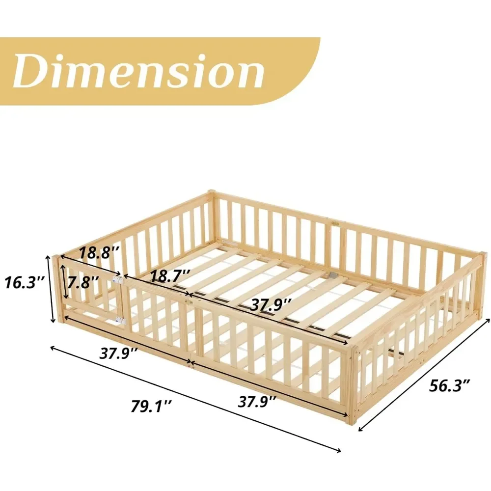 home Toddler Floor Bed with Door and Fence for Kids, Montessori Bed with 12 Slats and Safety Guardrails, Kids Bed Solid Wood
