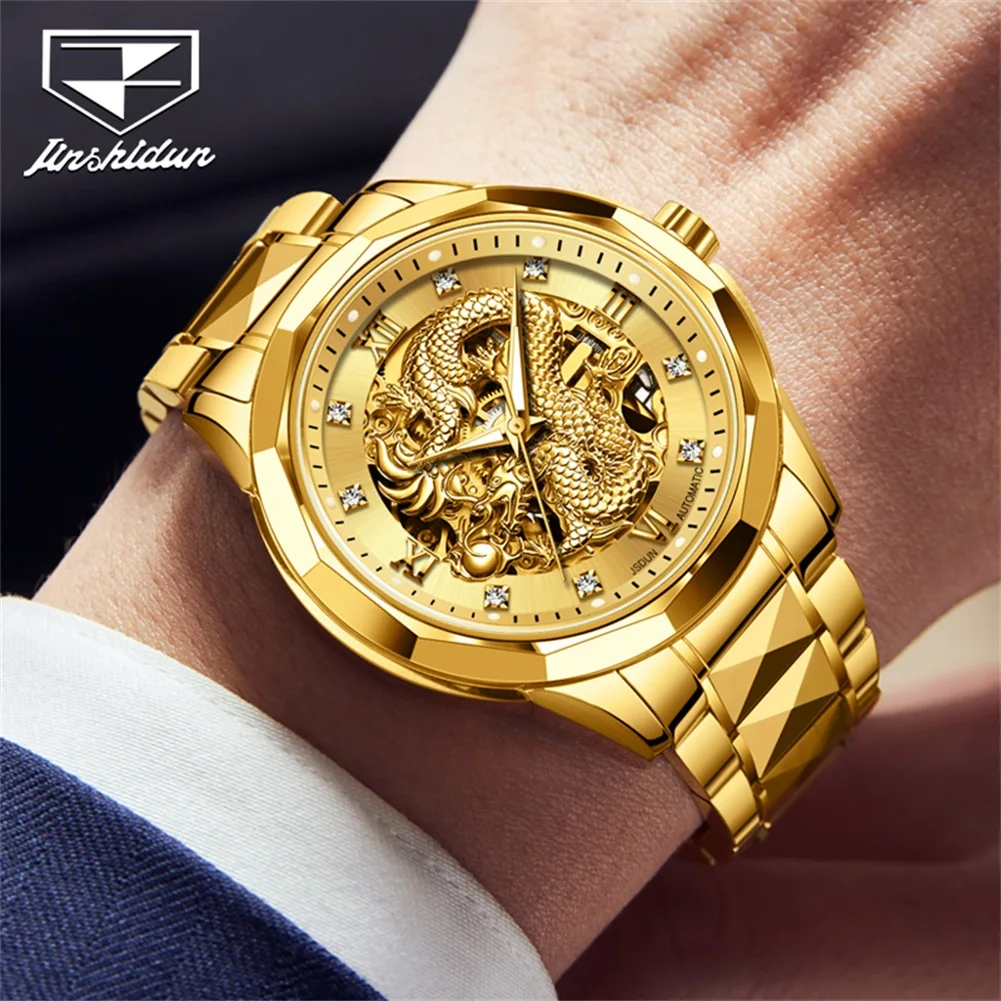 JSDUN Original Watch for Men Fully Automatic Mechanical Gold Dragon Watch High Quality Tungsten steel Luminous Diamond Watch Man