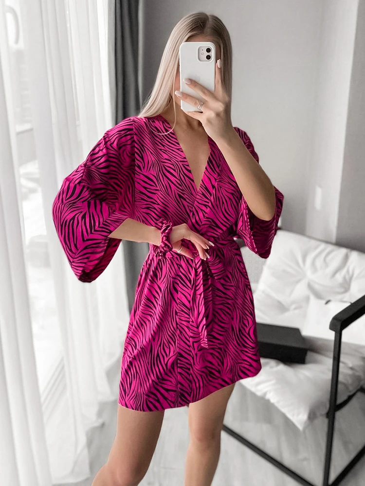 HiLoc Fashion V-Neck Print Robes Pajamas For Women 2024 Autumn Long Sleeve Lace-Up Sexy Sleepwears Party Loose Mini Robes Female