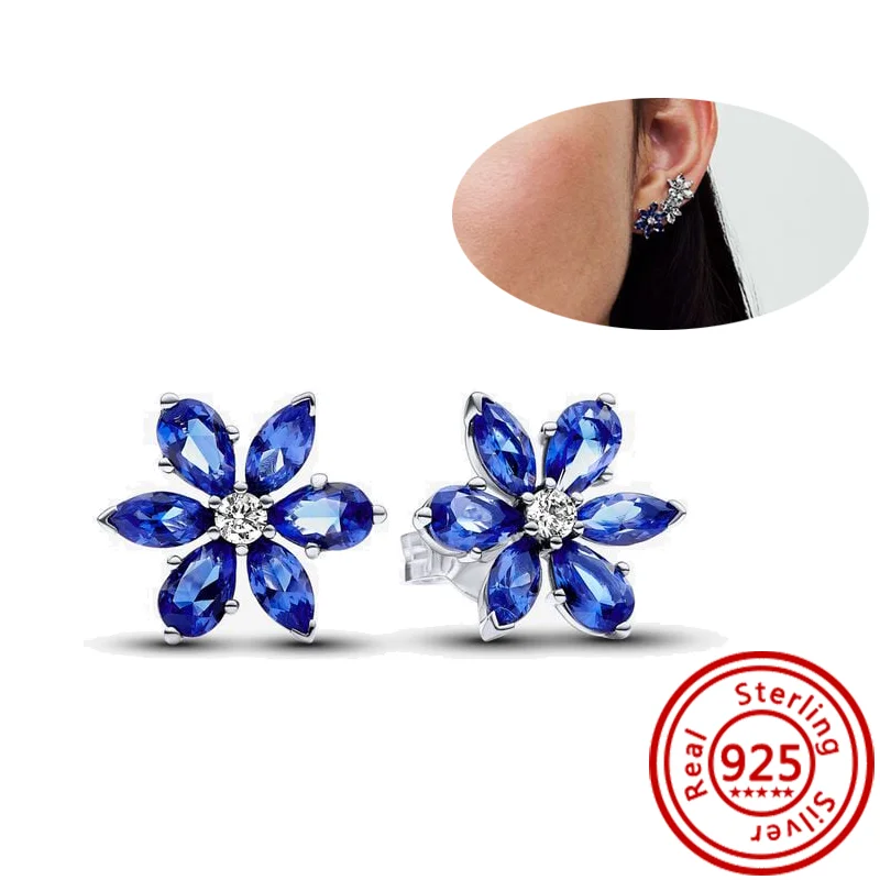 100% 925 Sterling Silver Blue Zircon Flower Butterfly Infinite Love Heart Sparkling Original Pantaro Stud Earrings Women Jewelry