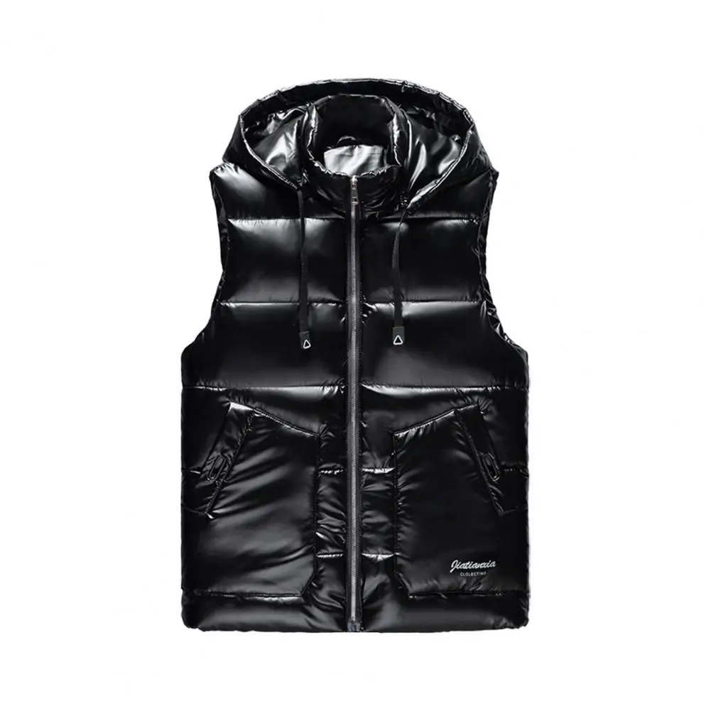 Men's Vest Coat Stand Collar Hooded Sleeveless Zipper Close Winter Vest Coat Cotton Fleece Vest