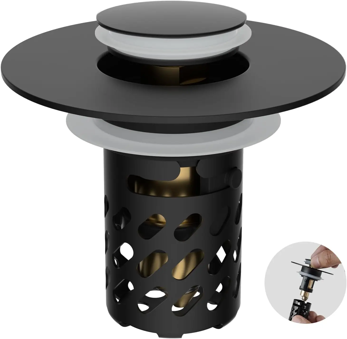 

Pop Up Sink Drain Stopper with Removable Filter Basket, Universal Fit for US Drains, Brass Core, Matte Black