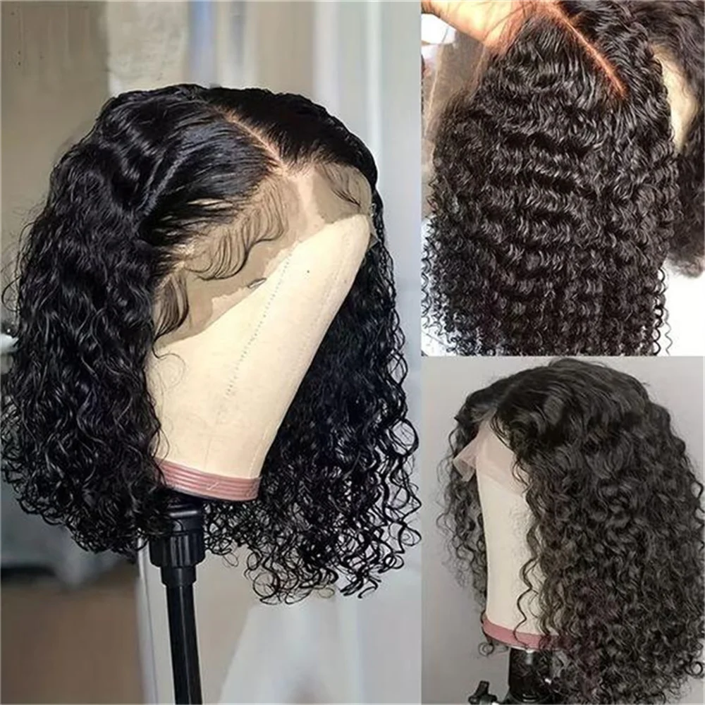 

Short Bob Kinky Curly Soft Natural Black Glueless 180Density Deep Lace Front Wig For Women With Baby Hair Preplucked Daily