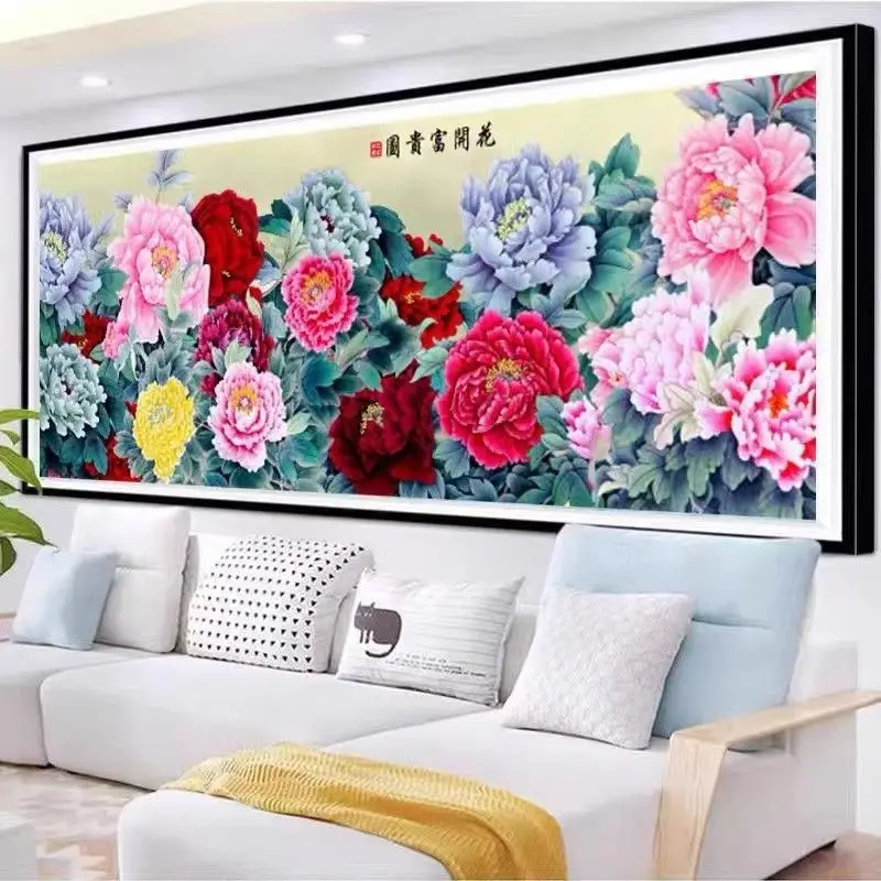 New Handmade Cross Embroidery Product with Flowers Blooming Rich and Noble Traditional Chinese Painting Peony, Magpie, Flower