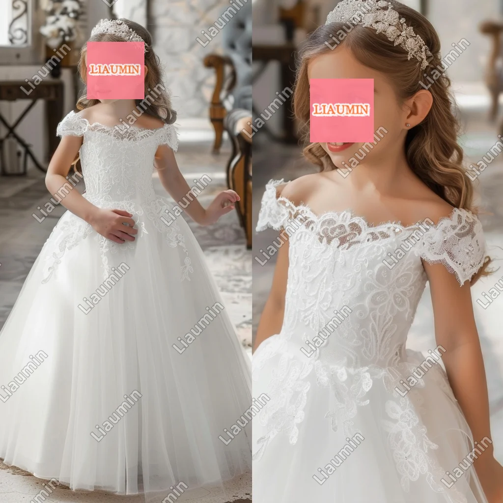 

Custom White Flower Girl Dresses Cap Sleeve Tulle Princess Lace Applique First Communion Gown Party Pageant SKirt Kids W17-3.5