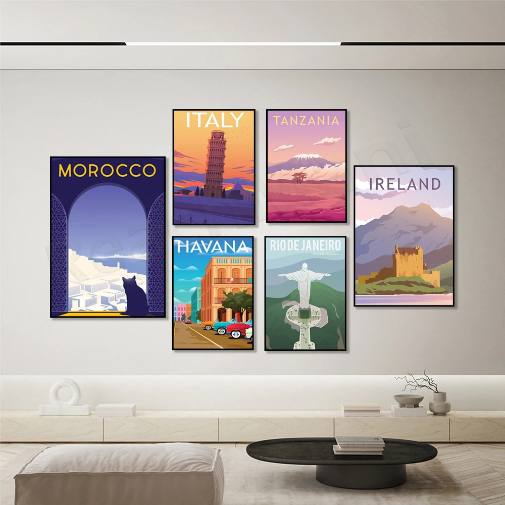 Lisbon, Tel Aviv, Havana Cuba, Great Wall of China, Ireland, Morocco, Mount Kilimanjaro, Faroe Islands, Denmark travel poster