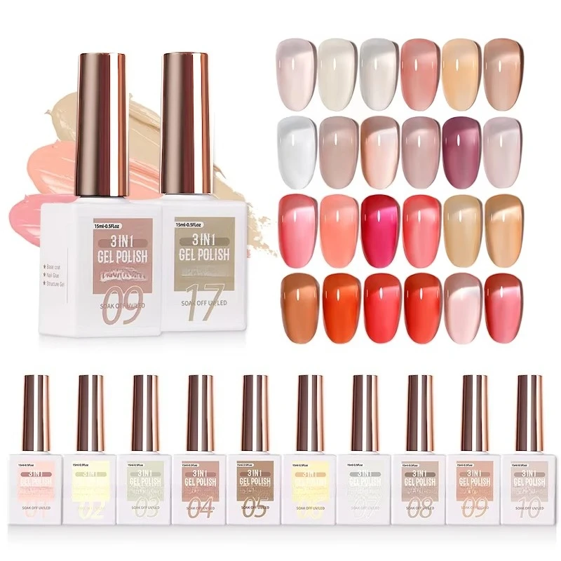 3 in 1 Gel Polish 24 Colors Set UV/LED Gel Rubber Base Coat Nail Art Structure Gel Nail Polish Kit Nail Supplies