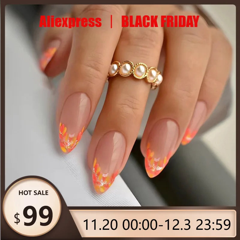 

24pcs Autumn Leaf Glitter French Press on Nails Orange Almonds Fake Nails Full Cover Wearable False Nails