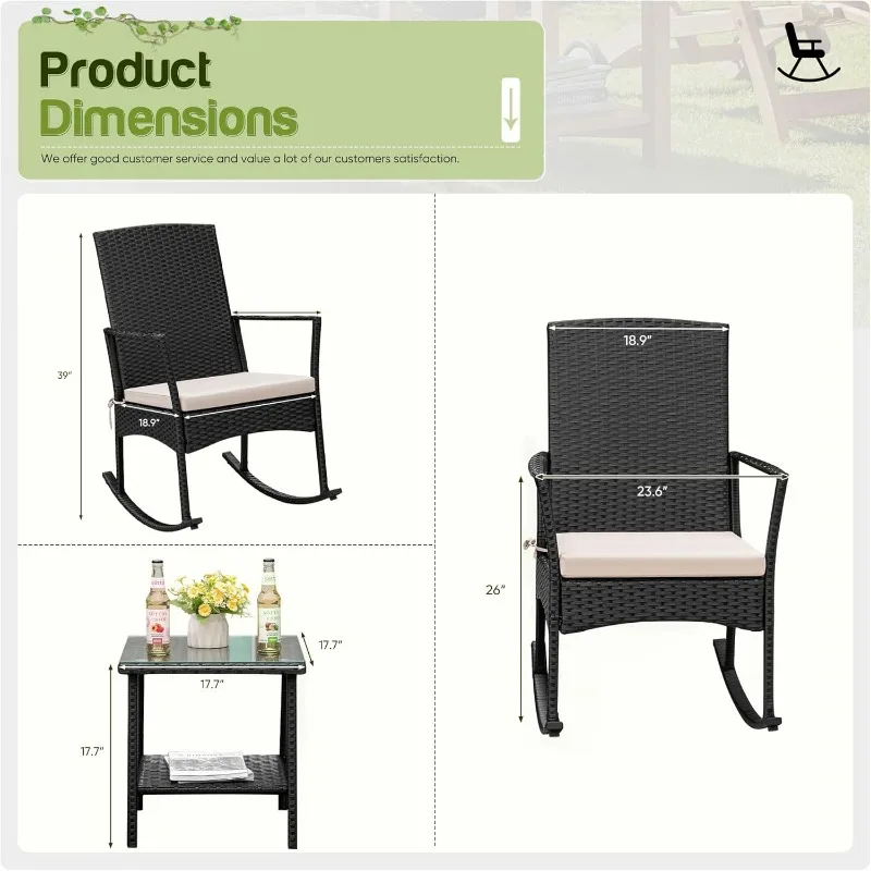Rocking Chair Outdoor PE Rattan Patio Chairs with Glass Table High Back Porch Rocker for Balcony, Garden, Backyard (Beige)