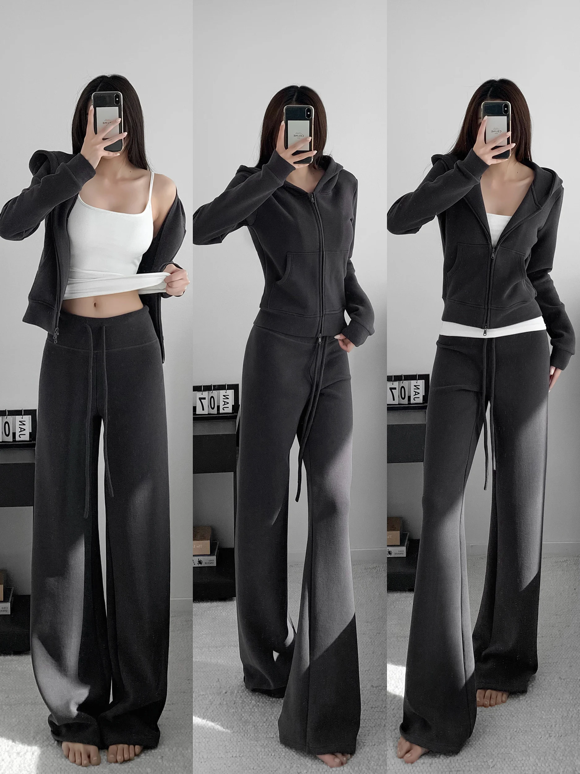 Loose Fit Hoodie And Pants Set High Waist Drapey Wide Leg Long Trousers Short Coat Casual Sportswear Two Piece Outfit