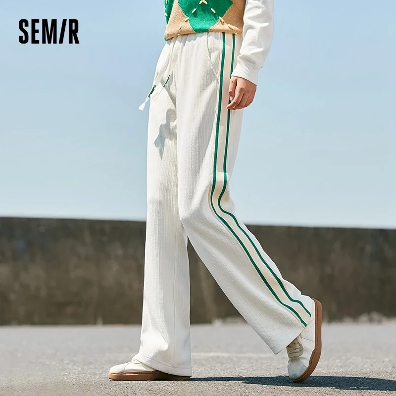 Semir Casual Pants Women Off-White Textured Trousers 2023 Winter New Leg-Length Lettering Retro Wide-Leg Pants