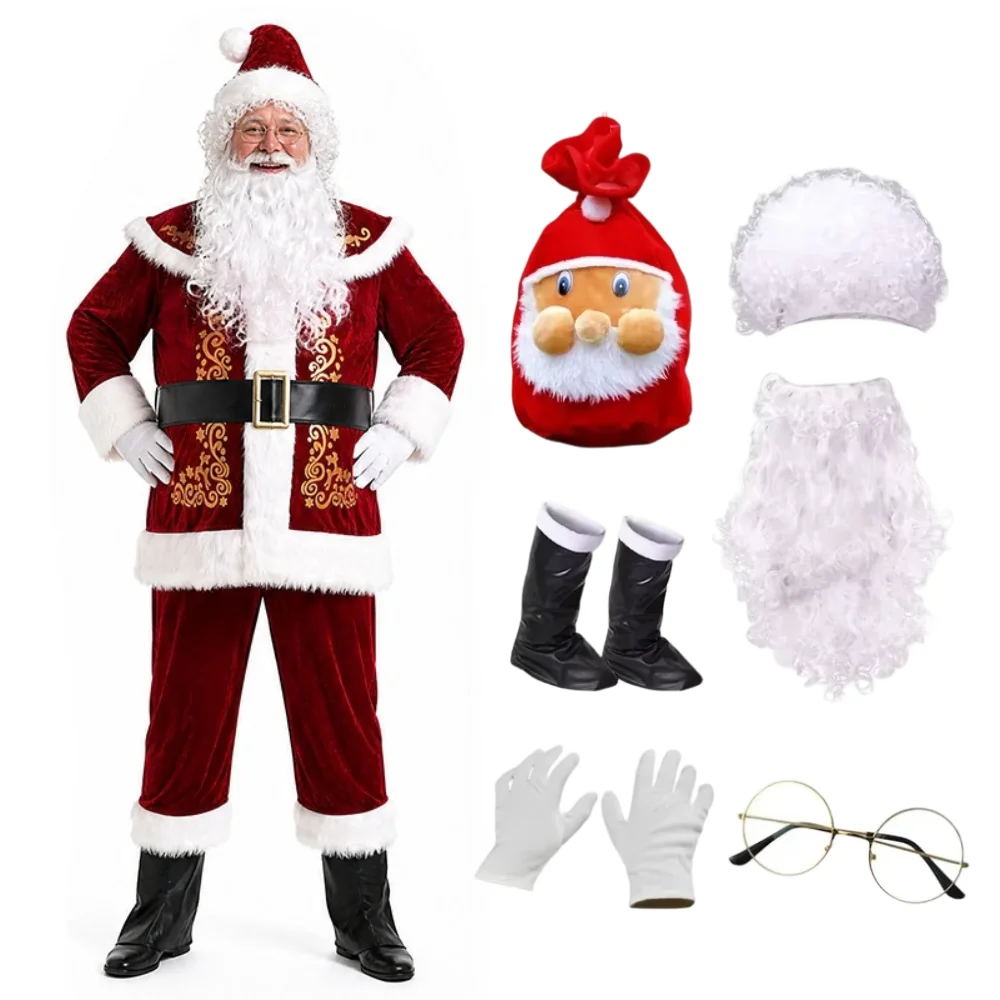 Ensemble de costume de Père Noël de luxe pour adultes, costume de Père Noël en velours, tenue de cosplay pour fête de Noël et spectacle