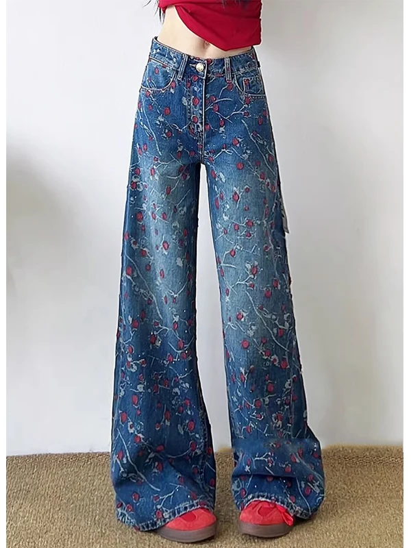 

Роскошные вышитые джинсы с высокой талией, прямые, стройнящие, блестящие, длинные брюки, женская премиальная одежда для повседневной носки