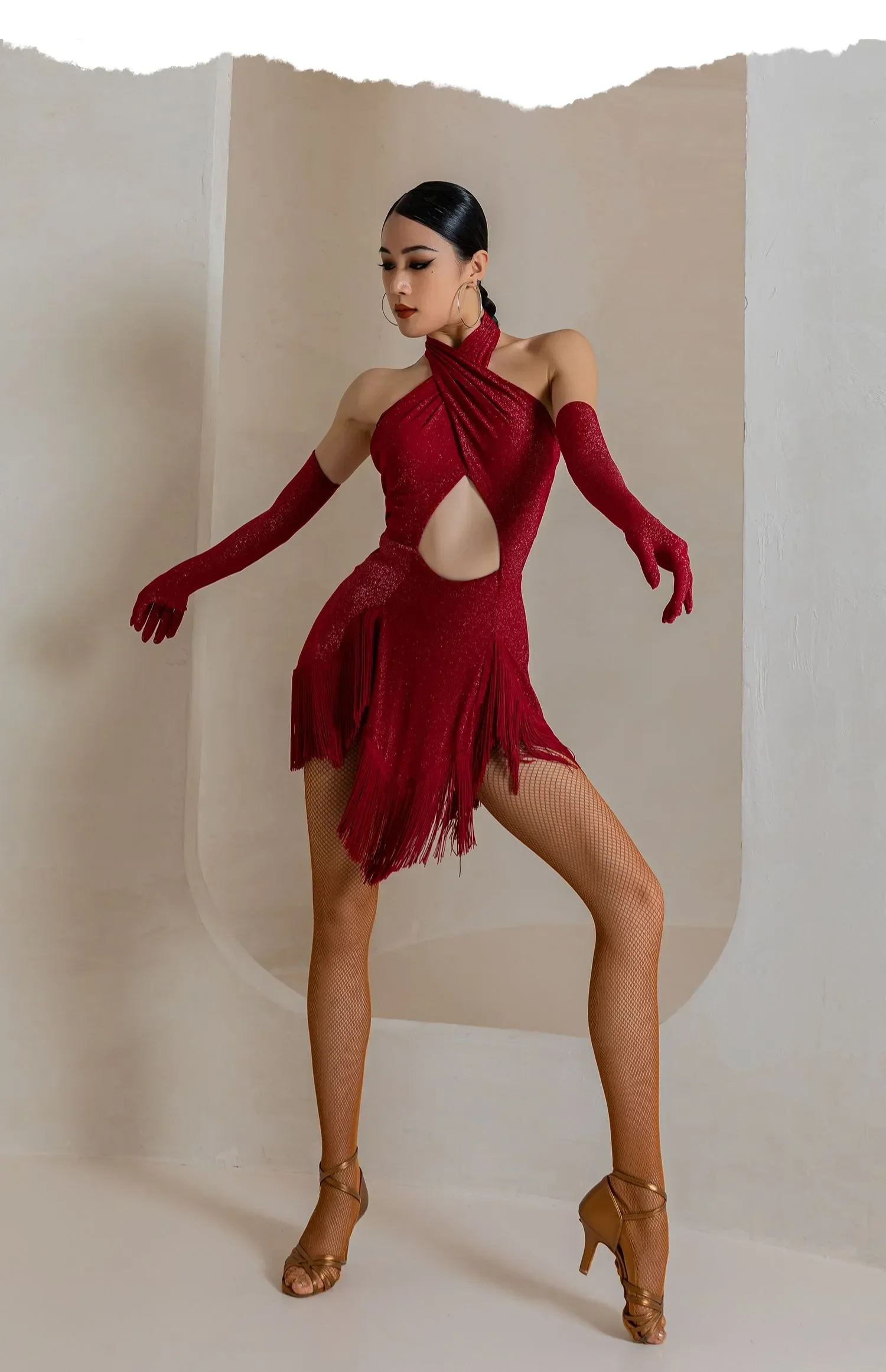 Sexy backless cross Latin dance dress female fringed skirt + gloves Latin dress ballroom costumes