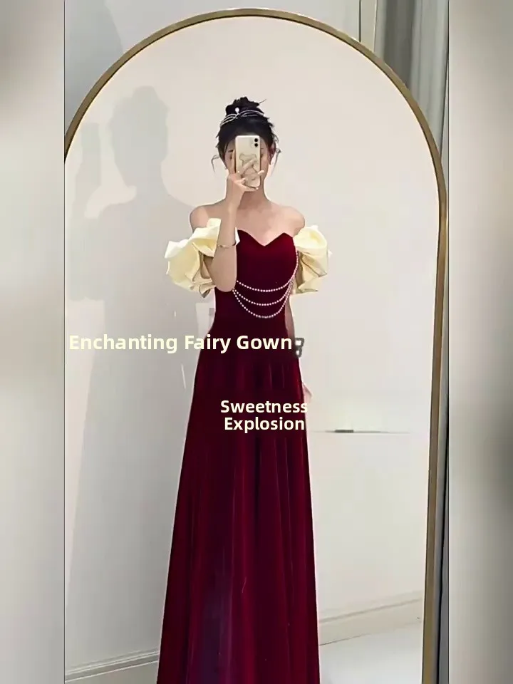 

plus Size Wedding Dress Red Evening Gown Bridal Return Home Ceremony Dress Elegant High Waist A-Line Skirt Short Sleeve Long ...