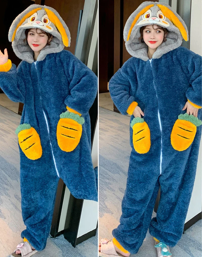 Navy Carrot Rabbit Jumpsuit Flannel Homewear Kigurumi For Women Adults Casual Loungewear Long Sleeve Fluffy Pajamas Nightgown