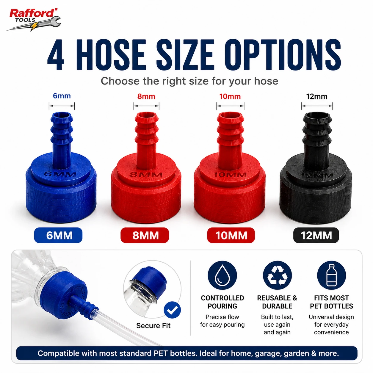 Rafford PET Bottle Hose Adapter Cap 6/8/10/12mm Reusable Liquid Dispenser Connector for Watering Fertilizer Nutrient Tube