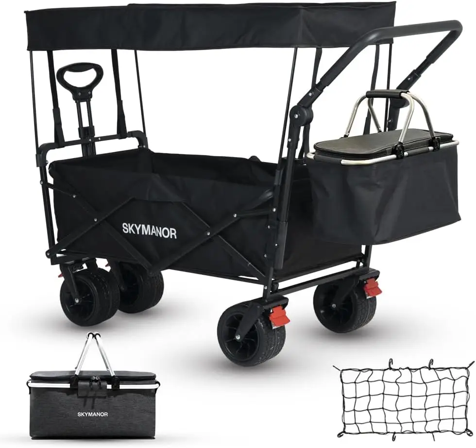 Collapsible Wagon with Removable Canopy, 3-in-1 Heavy Duty Garden Cart with Big All-Terrain Wheels, Brakes, Adjustable Push Pull