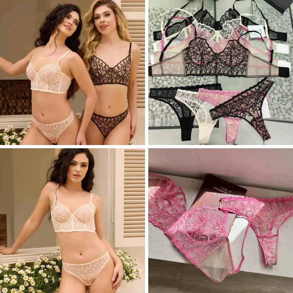 Ultra-Thin Lace Embroidery Push Up Bra Set with Steel Ring, Lift & Gather for Women