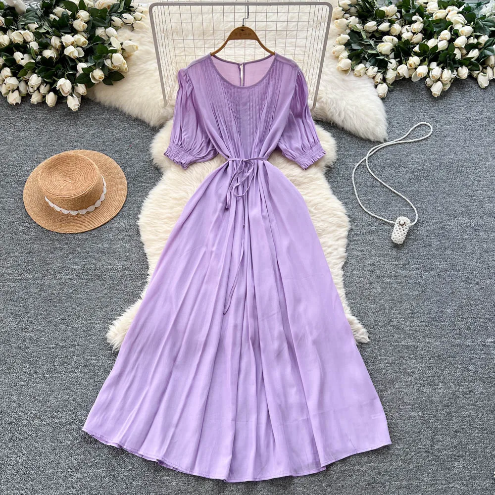 Elegant lace-up loose short sleeve Vintage Chic  Slim Ball Gown Dresses French Evening High Street Clothing