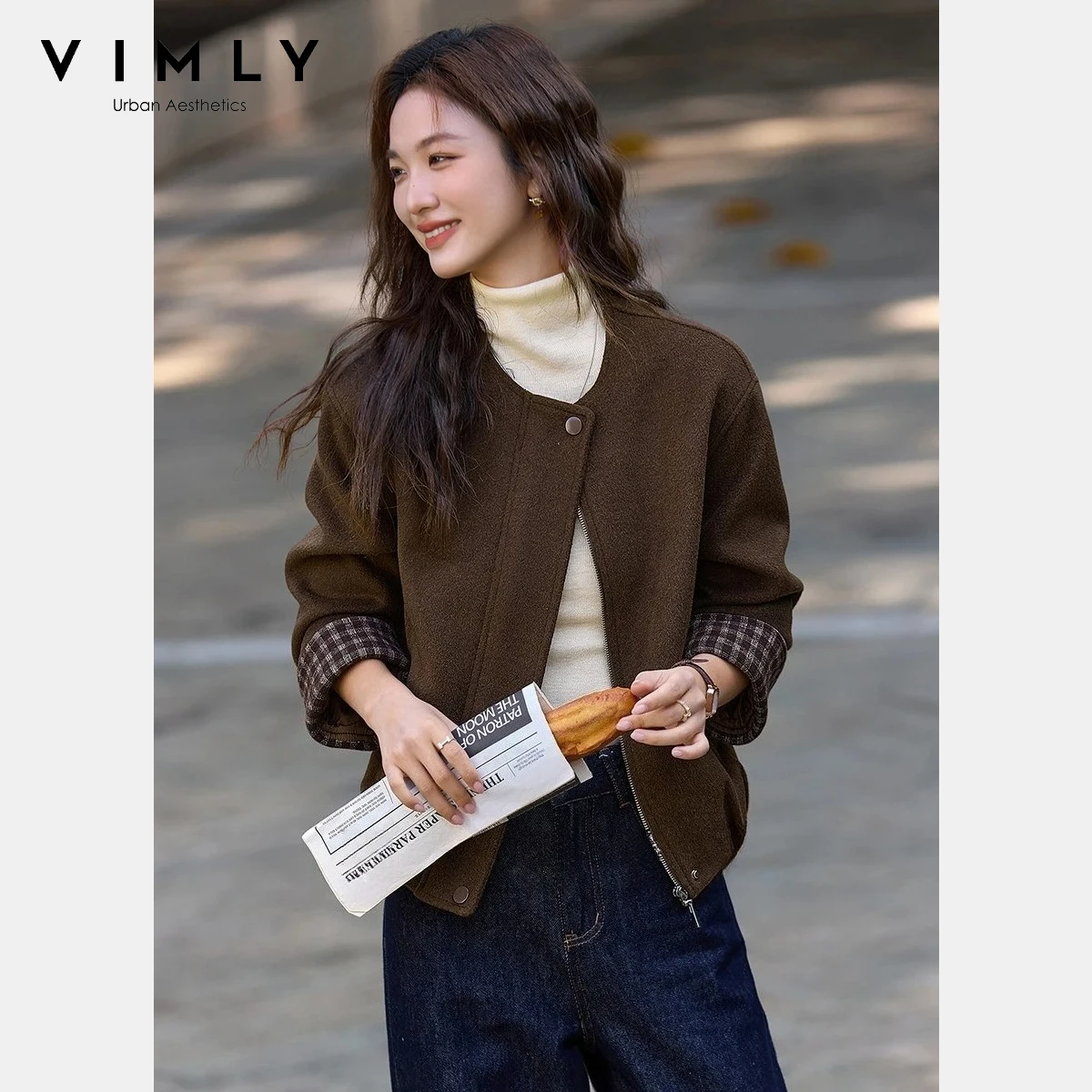

VIMLY Barn Jacket for Women 2025 Retro Contrast Color Plaid Quilted Outerwears Crew Collar Long Sleeve Women Winter Coat A3396